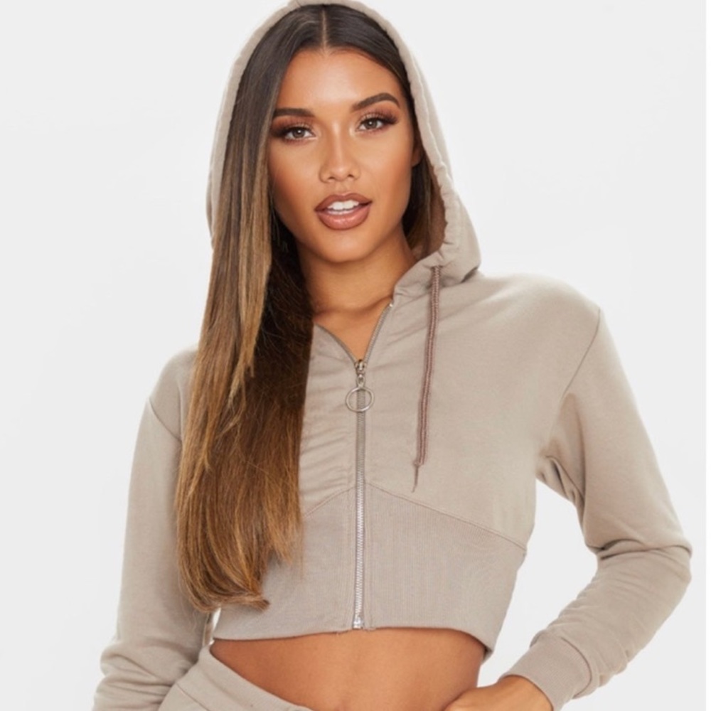 PrettyLittleThing Taupe Crop Zip Up Jacket